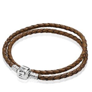 Pandora Double Braided Brown Rope Bracelet w/ Retired Double Diva Crystal Clip